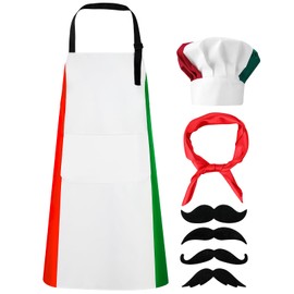 XLSXEXCL Italian Flag Apron and Chef Hat Set, Waterproof Cooking Apron for Women and Men, Pizza Chef Costume with 2 Pockets for Baking, Kitchen and Italian Themed Parties