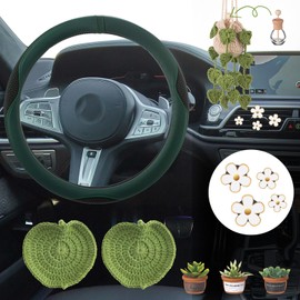 DaisyInner 12 Pcs Plant Car Accessory Set Include Steering Wheel Cover Empty Crochet Air Freshener 2 Leaves Cup Mat 3 Miniature Pottery Planters 4 Daisy Air Vent Clips for Hanging Ornament