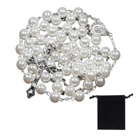 ARROMI Rosary Beads Catholic Women, Rosary Beads, Prayer Beads Necklace, Pearl Rosary Beads Catholic Necklace, Cross Rosary Necklace, Beautiful White Pearl, Necklace for Women Gifts