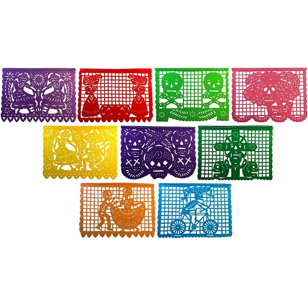 Paper Full of Wishes Large Plastic Day of The Dead Papel Picado Banner - Un Dia de Memoria - Decorations for Dia De Los Muertos - Banner has 9 Large Panels and is 15 Ft Long Hanging