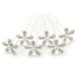 Bridal/Wedding/Prom/Party Set Of 6 Rhodium Plated Crystal Daisy Flower Hair Pins