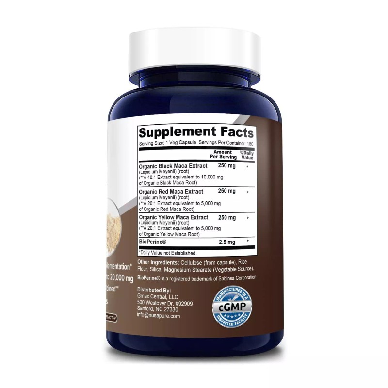 NusaPure Maca Root Black, Red, Yellow 20,000mg - 180 Vegan