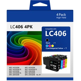 LC406 Ink Cartridges Replacement for Brother Printer MFC-J4535DW MFC-J4335DW MFC-J5855DW MFC-J6555DW MFC-J6955DW Printers for Brother LC406 LC406XL Ink Cartridges (4 Pack)