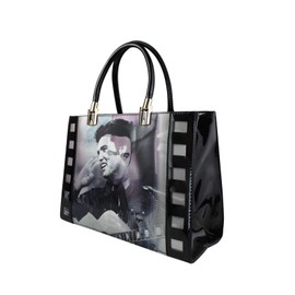 Women's Eye-Cathing Shiny 3D Elvis Film Design Patent Leather Tote Shoulder Handbag (Black)