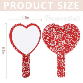 Framendino, 1 Pack Bling Heart Cosmetic Handheld Mirror Red Metal with Handle for Women Makeup Travel