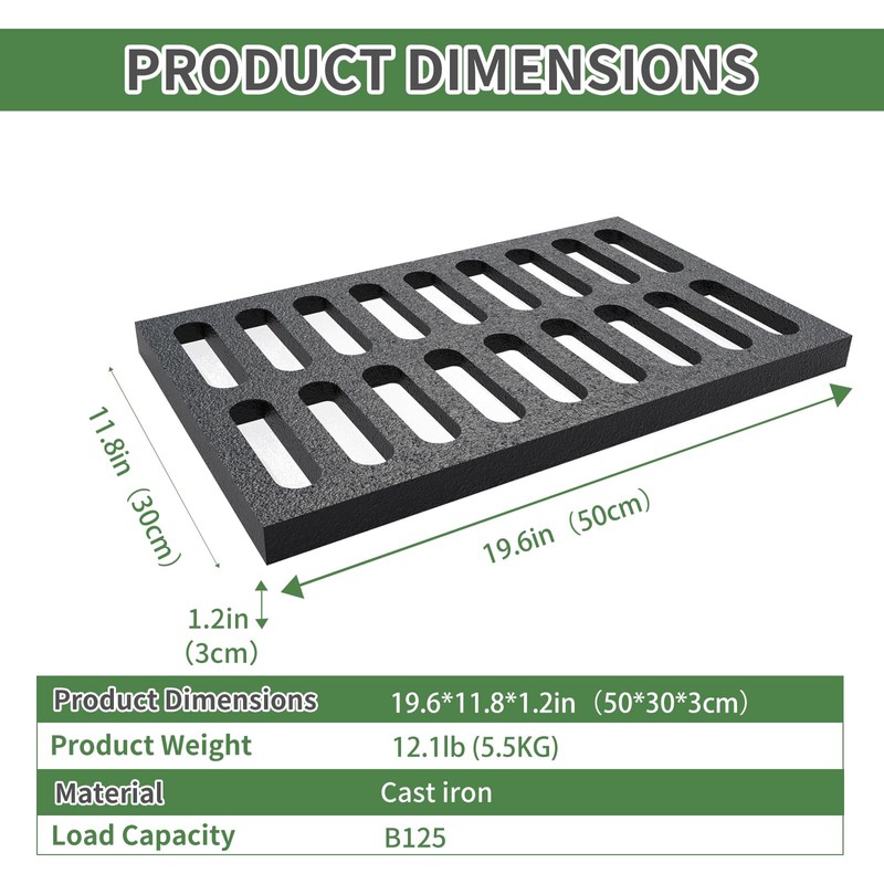 Cast Iron Drain Grate, 12 * 20in Heavy Duty Outdoor
