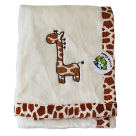 Plush Beige 2 Ply Unisex Baby Blanket, Giraffe Embroidery Design, 30"x40"