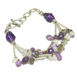 Franki Baker Natural Purple Amethyst, White Moonstone, Irridecent Grey Labradorite Gemstone and 925 Serling Silver Statement Bracelet