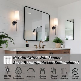 Battery Operated Wall Sconce with Remote,White Fabric Shade Wall Sconce Set Of 2 Battery Powered Sconces Wall Lighting Indoor Wireless Dimmable Wall Lamp with 3 Color Temp Bulb for Bedroom Living Room