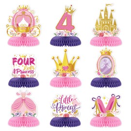 Grencian 9 Pcs Princess 4th Birthday Party Decorations Four Ever a Princess Honeycomb Centerpieces Table Toppers for Girls Princess Theme 4 Years Old Birthday Party Supplies Table Decoration