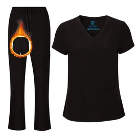 ACTIVE UNIFORMS Women's V-Neck Petite Size Scrub Set Cool Stretch Scrub Top and Cargo Pant Set (Black, Large-Petite)