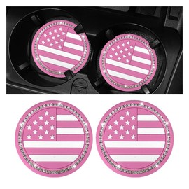 2PCS Bling Car Cup Holder Coasters, 2.74'' American Flag Anti Slip Drink Mat, Crystal Rhinestone Insert Car Cup Coaster, Anti-Scratch Shockproof Embedded Decration Coaster (Pink)