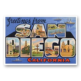 GREETINGS FROM SAN DIEGO, CA vintage reprint postcard set of 20 identical postcards. Large Letter San Diego, California city name post card pack (ca. 1930's-1940's). Made in USA.