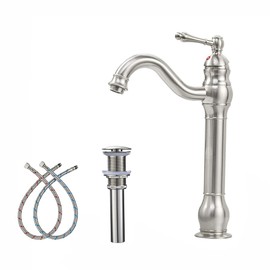 Bathroom Vessel Faucet 360° Swivel Single Handle One Hole Bowl Sink Faucet Brushed Nickel Matching Pop Up Drain Without Overflow Lavatory Vanity Basin Mixer Tap Tall Body Deck Mount