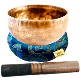 Ancient Design Hand-Hammered Tibetan Singing Bowl Set for Master Chakra Healing Meditation Sound Bath & Mindfulness ~ Great vibration for Body Therapy ~Tibetan Singing Bowl made in Nepal (Large Dark)