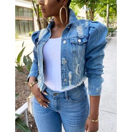 Omoone Women's Ripped Puff Sleeve Denim Crop Top Long-Sleeve Cropped Jean Jacket(1676-Blue-S)