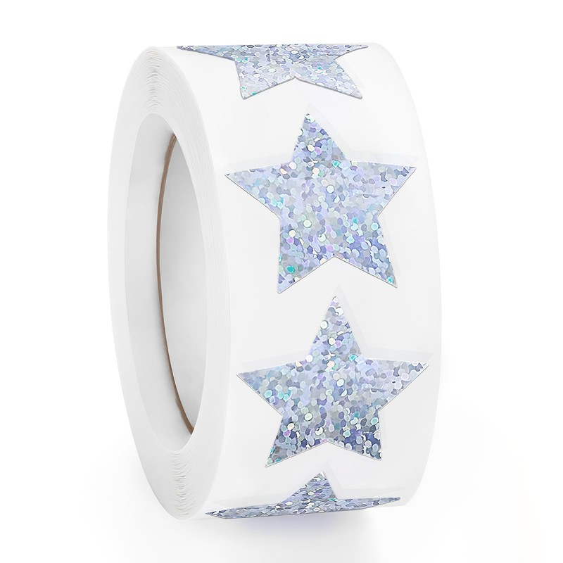 500 PCS Holographic Sparkly Silver Star Stickers, 1 inch Self