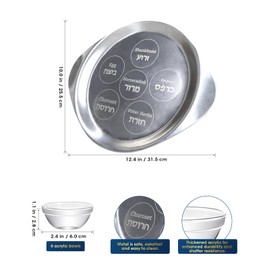AceList Stainless Steel Passover Seder Plate 12.4” with 6 Bowls, Silver Two-Handle Design Seder Plates for Passover Marked with Seder Foods, Lightweight Passover Plate, Traditional Pesach Table Decor