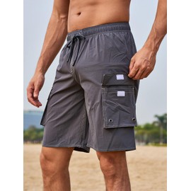 SHEKINI Men's Swim Trunks with Compression Liner 2 in 1 Mens Swimming Shorts 4-Way Stretch Bathing Suit Quick Dry Surfing Beach Board Shorts Grey
