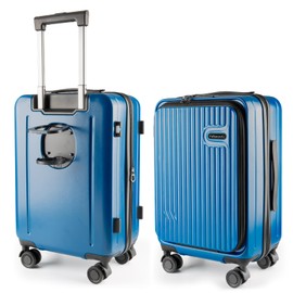 Felamondo 20-Inch Hardshell Carry-On Luggage with Front Compartment, 360° Spinner Wheels, TSA Lock, Cup Holder & Bag Hook - Airline Approved Business Travel Suitcase (Blue)