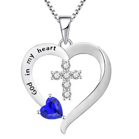 YL Women's Heart Cross Necklace 925 Sterling Silver Created Sapphire God in my heart'' Pendant Crucifix Jewelry