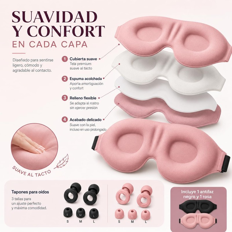 2 Pieza Antifaz para Dormir y 2 Pares Tapones Auditivos