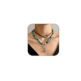 Layered Western Cowgirl Necklaces for Women Vintage Rodeo Turquoise Beaded Chain Cowboy Hat Western Jewelry Set for Country Cowgirl Outfit Accessories (1)