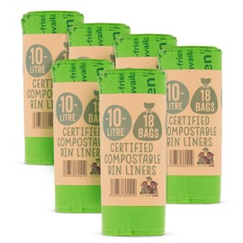 Eco Green Living 10 Litre Compostable Bin Liners, Plastic Free & Recyclable Caddy Bags for Food Waste, Leak Resistant Small Bin Liners, 51 x 82 cm - 6 Pack (108 Bags)