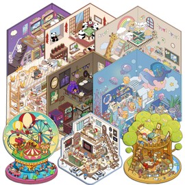 9 Packs DIY 3D House Stickers, Fun DIY Stickers Scene Make Your Own Warm Home, Amusement Park, Coffee Shop, Aquarium, Cute 3D Cartoon Scene Sticker for Adult Relief Stress Pass The Time