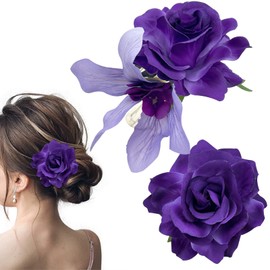 2PCS 3.94" Rose Hair Clips,Glamor Purple Flower Hair Clips,2 in 1 Bridal Flower Brooch,Weddings Weddings Large Rose Boho Hair Accessories for Women Girls