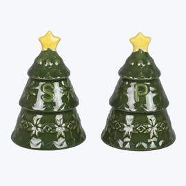 Young’s Inc Ceramic Salt Shaker, Christmas Woodland Lodge Tree Shaped Salt and Pepper Set, S/P Seasoning Set, Modern Kitchen Décor and Accessories, Spice Set