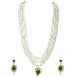 Aheli Faux Pearl Long Multi Layered Necklace with Pendant Earrings Set Indian Traditional Wedding Jewelry Gift for Women Green
