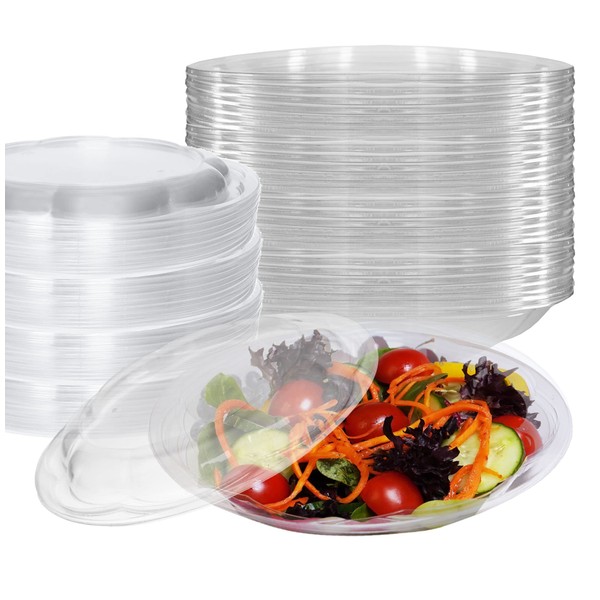 64oz Salad Bowls To-Go with Lids - Crystal Clear Plastic Disposable Wide Salad Containers | Airtight, Lunch, Salads, Parfait, Fruits, Leak Proof, Airtight, Fresh, Meal Prep | Rose Bowl Container (100)