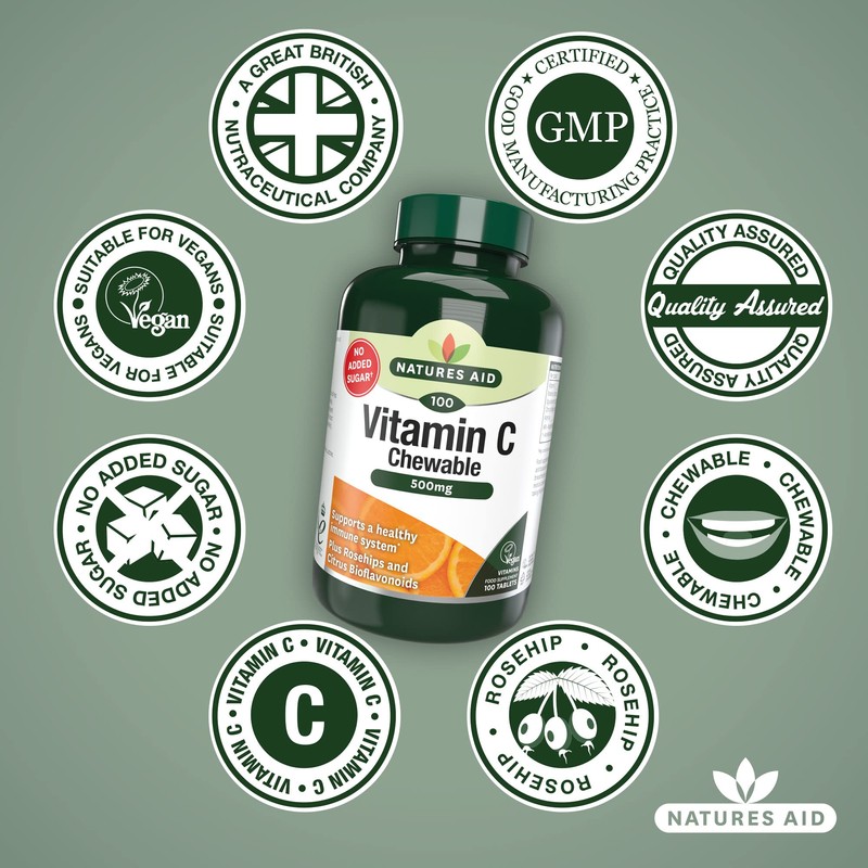 Natures Aid Chewable Vitamin C 500 mg, Sugar Free, Suitable