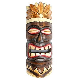 Artisanal Tiki Mask Height 30 cm Wooden Feather Design Polynesia Decoration