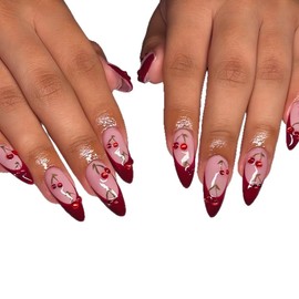 Red French Tip Press on Nails Medium Almond Fake Nails with Cherry Design Glossy Acrylic Nails Cute Glue on Nails Full Cover False Nails Artificial Nails for Women 24Pcs