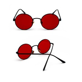 BOUACOUA Retro Steampunk Style Sunglasses Round Metal Frame Sunglasses for Men Women, Black frame (glasses: red)