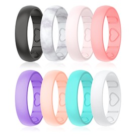 Qinaoco Silicone Ring Women - Heart [I Love U] Pattern Airflow Flow Grooves Breathable Rubber Wedding Bands for Women - 8 Rings / 4 Rings