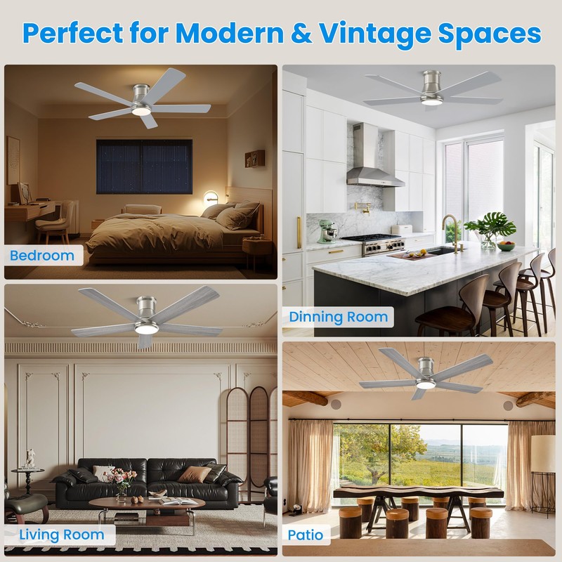 Autoday 52 Inch Low Profile Ceiling Fan with Light, Burshed