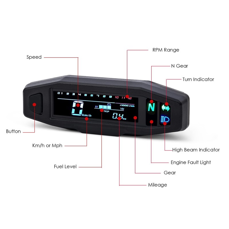 WHALETAIL Universal Motorcycle Speedometer 6 Gear 12000 RPM Km/h MPH