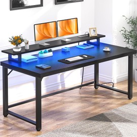 Unikito Black Desk with Monitor Stand, Modern Industrial Home Office Computer Desk, PC Desk for Student Work Writing Study Gaming, Simple and Wooden Computer Table in Living Room Workstation, 55 Inch