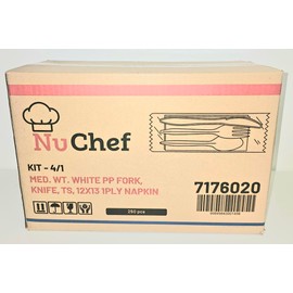 NuChef Disposable Utensil Kit, Medium Weight White Fork, Knife, Spoon and Napkin Set, 250 Pieces, 12x13 inch
