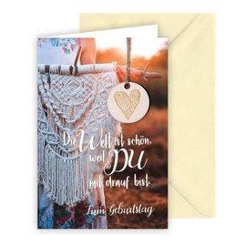 KE - Exclusive Birthday Card with Unique Wooden Tag - DIN B6 Format with Envelope - Perfect for Special Occasions - Heart Motif