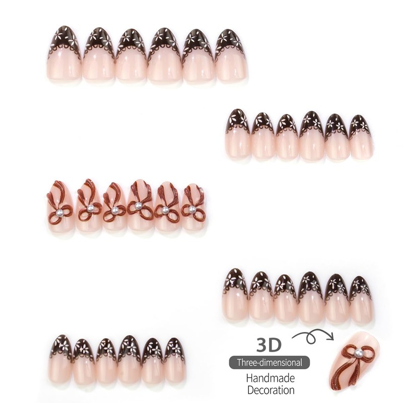 Short Almond Nails Press ons Brown Fake Nails with Bow