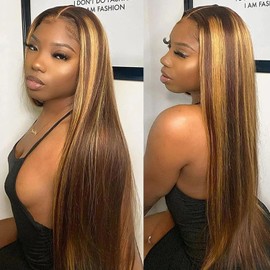 Smotoch 30 Inch Honey Blonde Lace Front Wigs Human Hair Pre Plucked, Highlight Blonde 13x4 HD Transparent Straight Human Hair Lace Front Wigs 4/27 Balayage Color Glueless 180 Density (30 Inch)