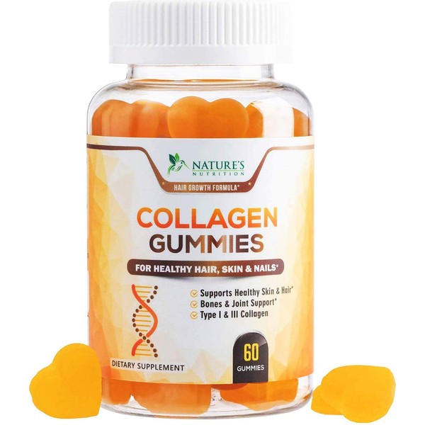 Collagen Gummies Type I & III - 10000 mcg - Hair, Skin, Nails and Joint Support Hair Gummy Vitamins for Women and Men - No Gelatin, Non-GMO - Tropical Flavor - 60 Gummies