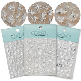 CESTSIREN White Rose Flower Nail Art Stickers Rhinestones Pearl Embossed Nail Decals for Nail Art Design Self-Adhesive Nail Accessories for Women Nail Art Supplies 3 Sheets