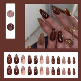 LBPEPAMZ 24Pcs Brown Butterfly Press on Nails Medium Almond Fake Nails Fall 3D Gold Texture Chrome Acrylic Nails Glue on Nails Stiletto Artificial Full Cover Stick on Nails for Women Manicure Decor