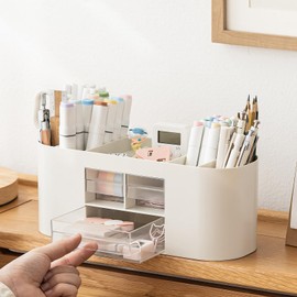 INSTOME Pencil Pen Holder for Desk with 3 Drawers - All-In-One Desk Organizer - Perfect Desk Accessories for Office Use - Stylish & Convenient Desk Organizers and Accessories (Beige)