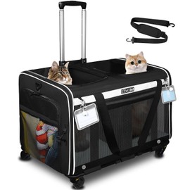 Petskd Large Rolling 2 Compartments Pet Carrier for 2 Cats or a Medium Dog, 24"X 17"X 15" Double Cat Carrier with Wheels and Locking Safety Zippers for Vet, Walk, Car Travel(Black)